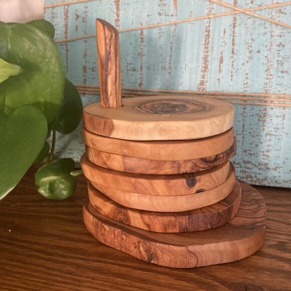 Olive Wood Rustic Natural Coaster Set of 6 with Holder Hand Made - Picture 16 of 16